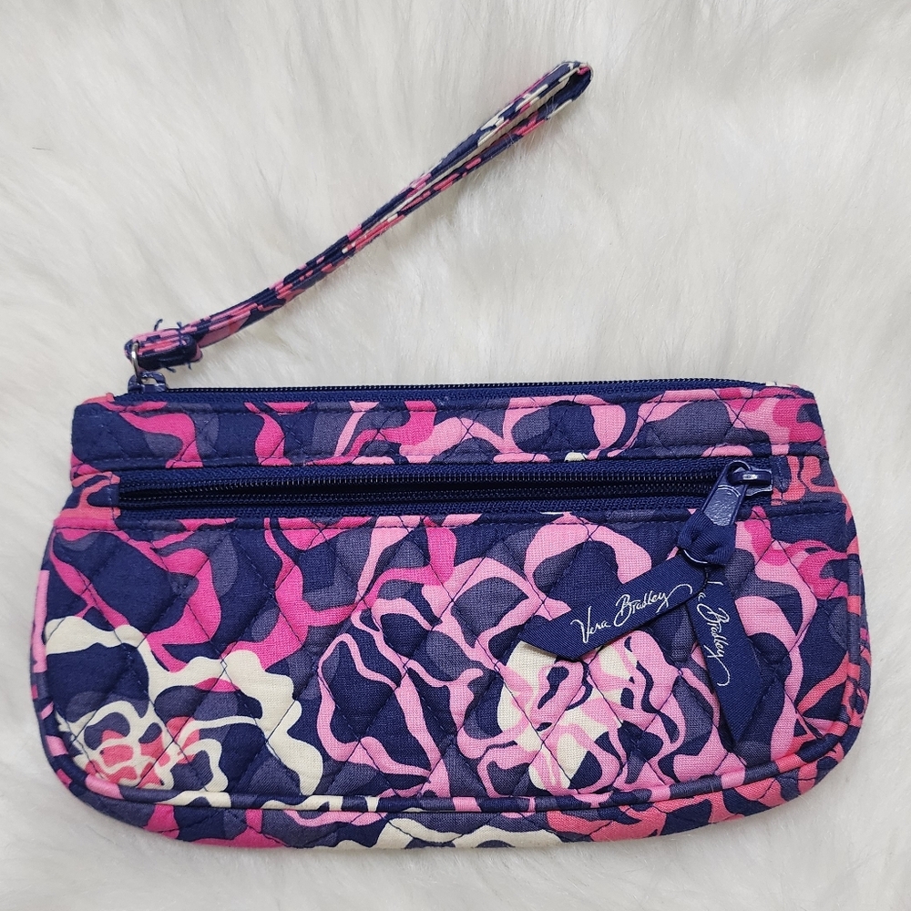 Vera Bradley Wristlet Mod Floral Pink Navy Blue Quilted Cotton Wallet Clutch